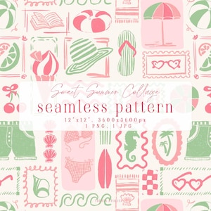 May include: A seamless pattern featuring summer-themed illustrations in pink and green on a cream background. The design includes images of a beach ball, ice cream, sunglasses, and a surfboard. The text "Sweet Summer Collage seamless pattern" is also present.