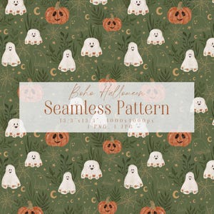 Puede incluir: Un patrón sin costuras con calabazas, fantasmas, lunas y telarañas en acuarela sobre un fondo verde. El texto "Boho Halloween Seamless Pattern" se muestra en el centro.