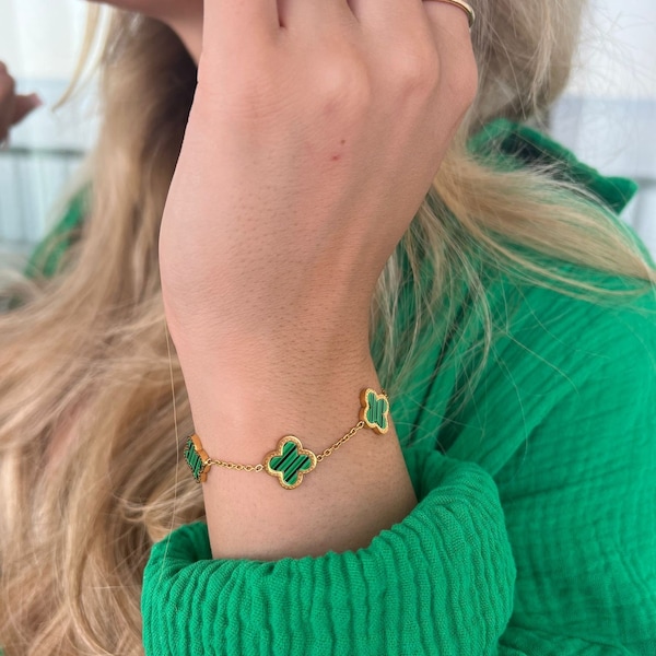 18K gold plated floral four leaf lucky clover bracelet- various colours and adjustable length