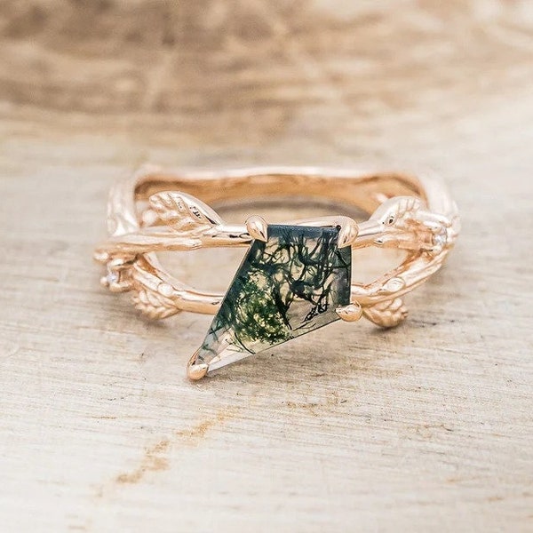 Unique Kite Shaped Natural Moss Agate Ring, Leaf Shaped Band Ring, 14k Solid Rose Gold Ring, Vintage Ring, Dainty Promise Ring, Gift For Her