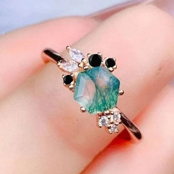 Hexagon Cut Natural Moss Agate Ring, Engagement Ring, Dainty Promise Ring, Vintage, Bridal, Women Ring, Wedding Ring, Best Gift For Her