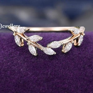 Marquise moissanite wedding band Rose gold diamond ring Art deco Matching Stacking band wedding ring Promise Anniversary ring gift for her