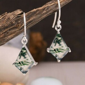 Natural Moss Agate Kite Shaped Earrings, 925 Sterling Silver, Vintage, Kite Cut, Bridal Earrings, Nature Earrings, Gemstone Earrings, Women