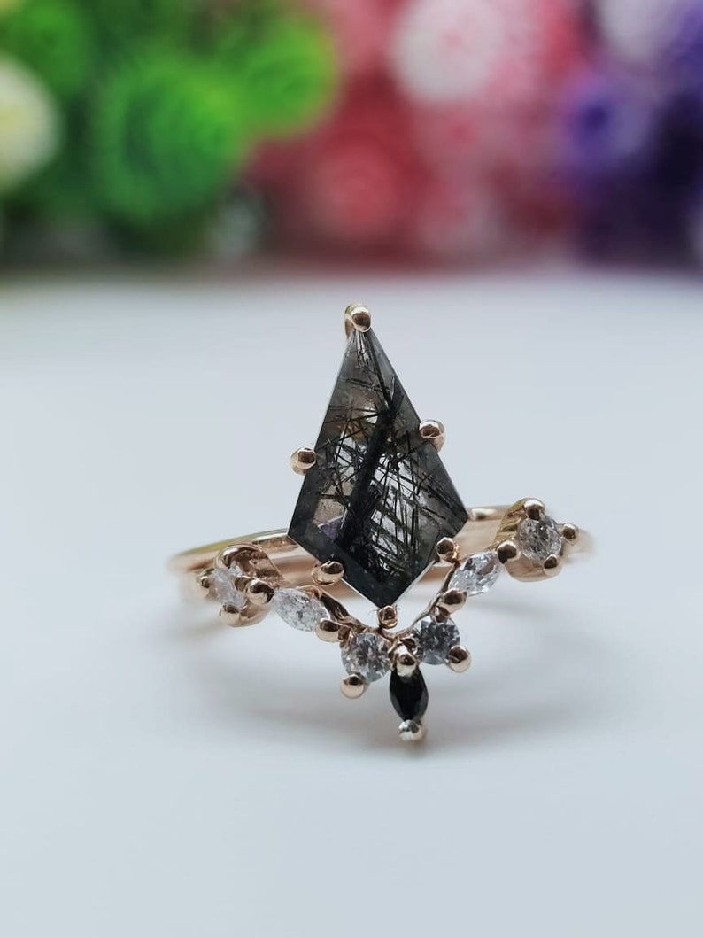 Set Of 2Pcs Natural Black Rutile Quartz Kite Shaped Ring, Wedding Ring, Bridal Ring, Engagement Ring, Dainty Promise Ring, Gift For Women image 9