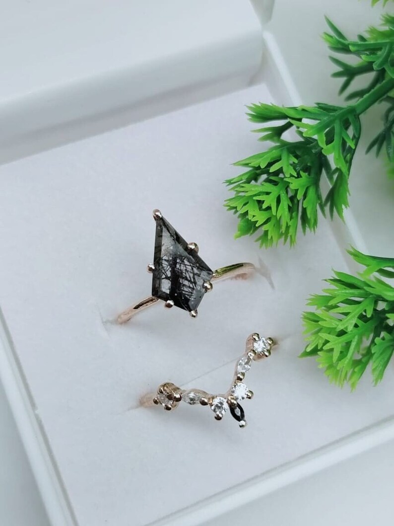 Set Of 2Pcs Natural Black Rutile Quartz Kite Shaped Ring, Wedding Ring, Bridal Ring, Engagement Ring, Dainty Promise Ring, Gift For Women image 1