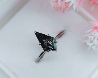 Natural Black Rutile Quartz Kite Shaped Ring, Wedding Ring, Bridal Ring, Engagement Ring, Dainty Promise Ring, Stacking Ring, Gift For Women