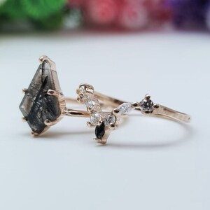 Set Of 2Pcs Natural Black Rutile Quartz Kite Shaped Ring, Wedding Ring, Bridal Ring, Engagement Ring, Dainty Promise Ring, Gift For Women image 6