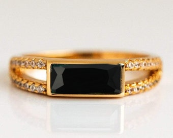 14k Solid Gold Black Onyx Engagement Ring, Emerald Cut, Octagon Shape Ring, Black Stone Ring, Vintage, Bridal, Anniversary, Women, Christmas