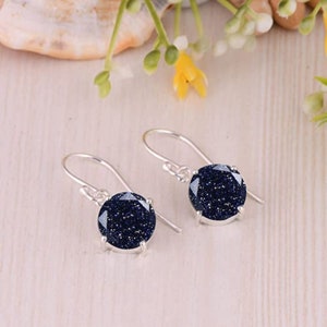 Round Cut Natural Blue Sandstone Earrings, Dainty, Round Shaped Earrings, Star Stone Earrings, Night Sky Earrings, Drop Earrings, Birthstone