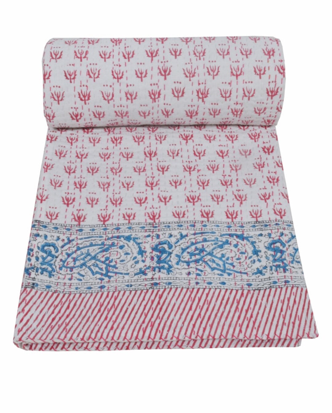 King Kantha Quilt Pink Floral Print and White Quilt Queen Kantha