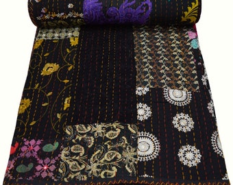 Indian Kantha Quilt Black Assorted Patchwork Kantha Throw Embroidery Quilt Kantha Blanket Bedspread Throw Quilt Queen Size Quilt