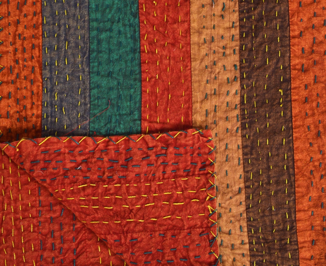 Couvre-lit Kantha Patchwork En Coton Fait Main - Couverture Indienne Vintage Multicolore - Taille Queen