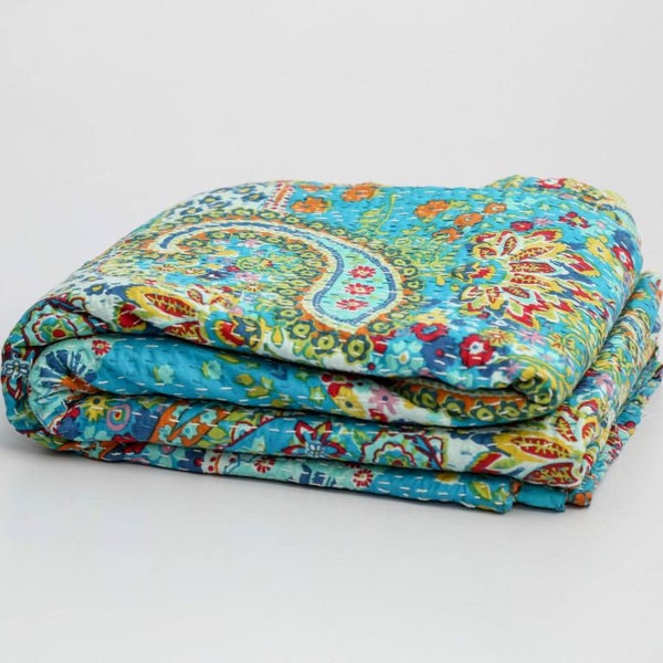 King Size Quilt Indian Kantha Quilts Turquoise Paisley Print Kantha Bedspread Indian Bedspread Blanket Bohemian Quilt Kantha Bed Cover