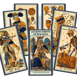 May include: A collection of tarot cards with a vintage aesthetic. The cards feature illustrations in shades of blue, yellow, and brown, with text in English and French. The central card reads "ANCIENT TAROTS OF BOLOGNA".