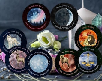 May include: A set of 10 round, black-bordered cards with watercolor illustrations of the moon phases and zodiac signs. Each card features a different moon phase and zodiac sign, along with a corresponding message. The cards are perfect for anyone interested in astrology or moon magic.