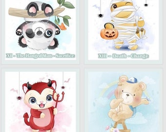 May include: Four square illustrations featuring cute cartoon characters representing tarot cards. The cards include a panda, a mummy, a devil, and a bear. Each card has a title and a description: The Hanged Man, Death, The Devil, and The Tower.