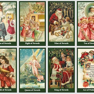 May include: A vintage Christmas card set featuring illustrations of various scenes from the holiday season. The cards depict angels, Santa Claus, children, and other festive imagery.