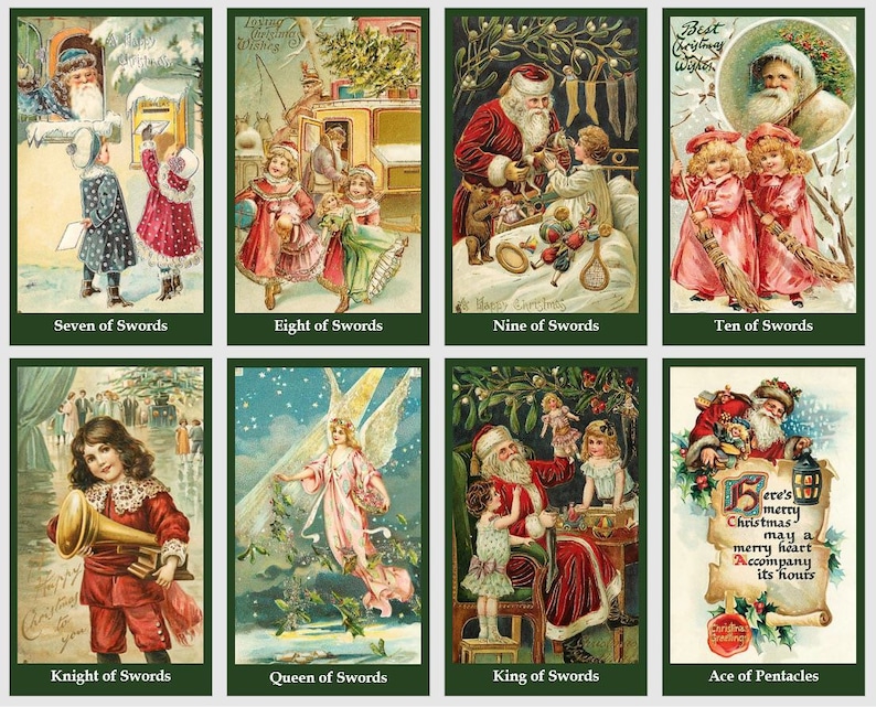 May include: A vintage Christmas card set featuring illustrations of various scenes from the holiday season. The cards depict angels, Santa Claus, children, and other festive imagery.