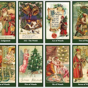 May include: A set of ten vintage Christmas cards featuring illustrations of Santa Claus, angels, and Christmas trees. The cards have a green border and are decorated with holly and other festive elements. The text on the cards includes the words "A Merry Christmas", "Happy Christmas", and "Greetings".