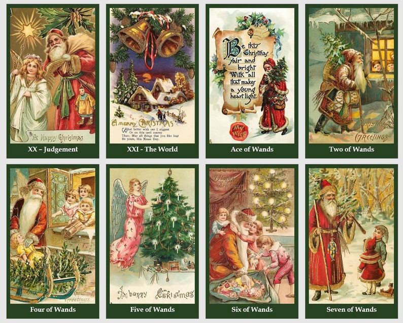 May include: A set of ten vintage Christmas cards featuring illustrations of Santa Claus, angels, and Christmas trees. The cards have a green border and are decorated with holly and other festive elements. The text on the cards includes the words "A Merry Christmas", "Happy Christmas", and "Greetings".