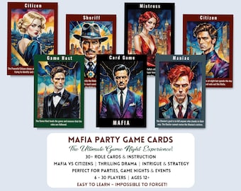 May include: A set of colorful game cards for the Mafia party game. The cards feature illustrations of characters like the Sheriff, Mistress, Citizen, and Maniac. The game is described as "The Ultimate Game Night Experience!" and includes 30+ role cards and instructions. It's perfect for parties, game nights, and events. The game is for 6-30 players and is recommended for ages 12 and up.