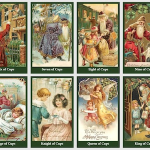 May include: A vintage Christmas card set featuring illustrations of Santa Claus, angels, and children. The cards are decorated with festive greenery and have a traditional feel.