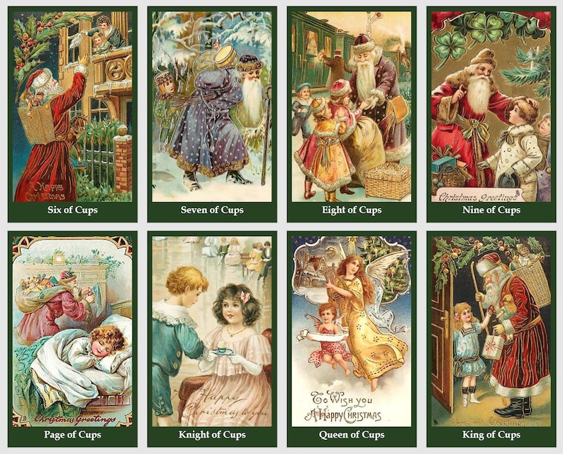 May include: A vintage Christmas card set featuring illustrations of Santa Claus, angels, and children. The cards are decorated with festive greenery and have a traditional feel.