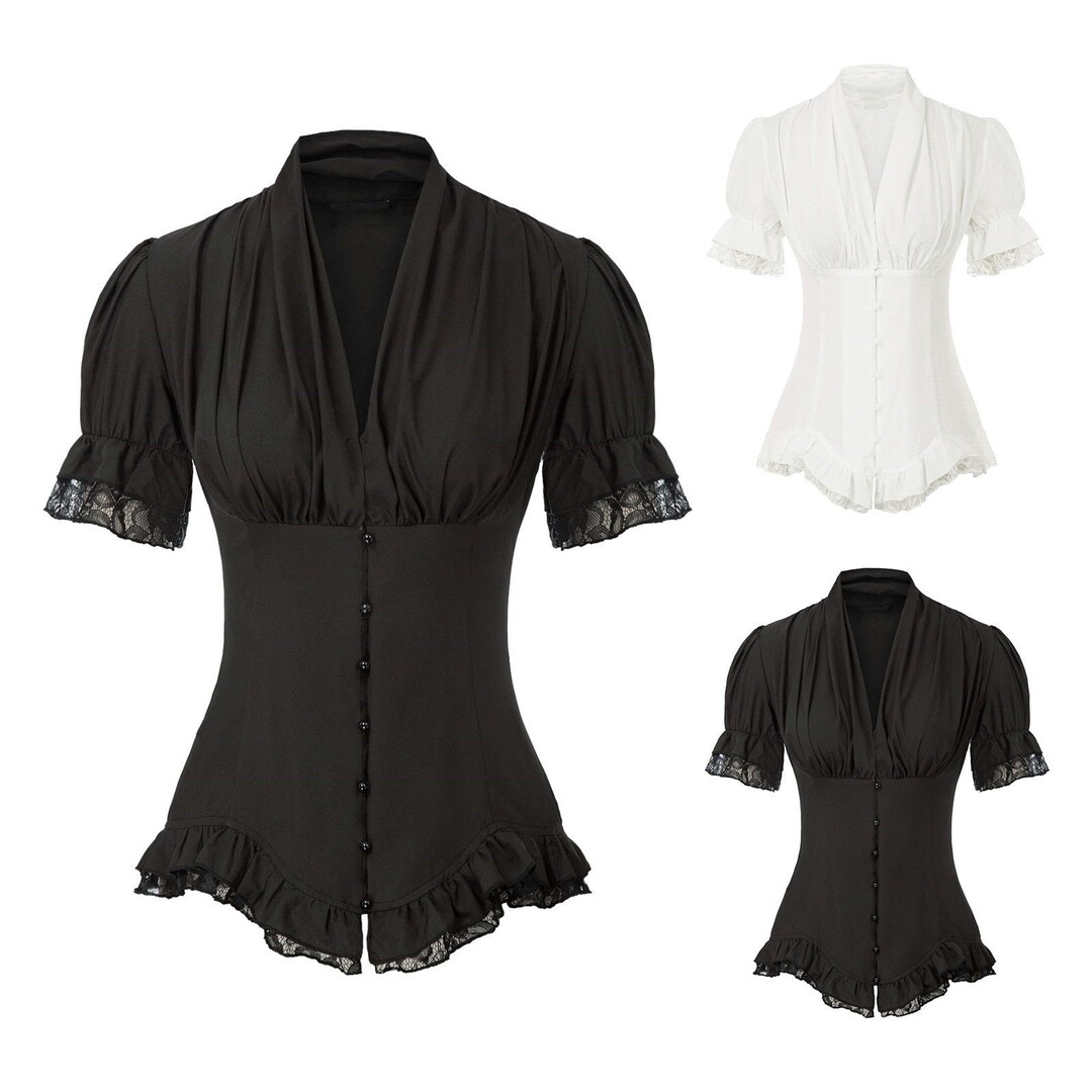 Short Sleeve Victorian Blouse, Victorian Style Women's Blouse, Button