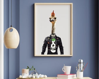 Ostrich Art Poster | Punk Rock Art | Rock N Roll Print | Satin Posters (210gsm) | Unframed | Animal Portrait | Animal Art |