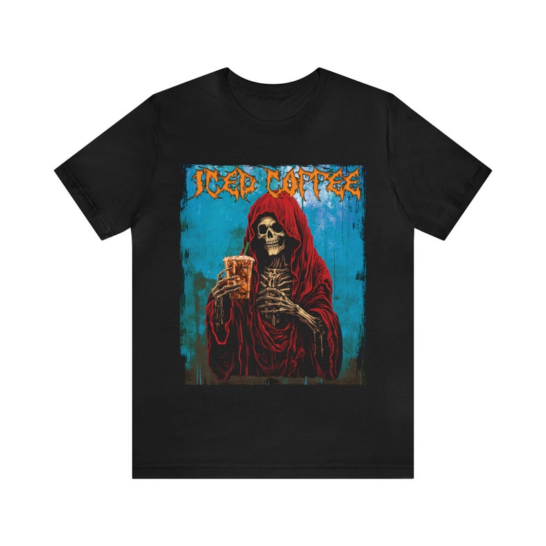 Skeleton Iced Coffee T-Shirt: Funny Halloween Black Metal Tee image 3