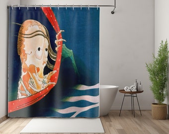 May include: A shower curtain featuring a Japanese-style illustration of a skeletal figure with long hair and a red ribbon against a dark blue background. The figure's internal structure is visible, with a mountain and water in the background.