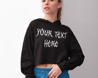 Custom Black Crop Hoodie – Metal Font, Personalized Gothic Top