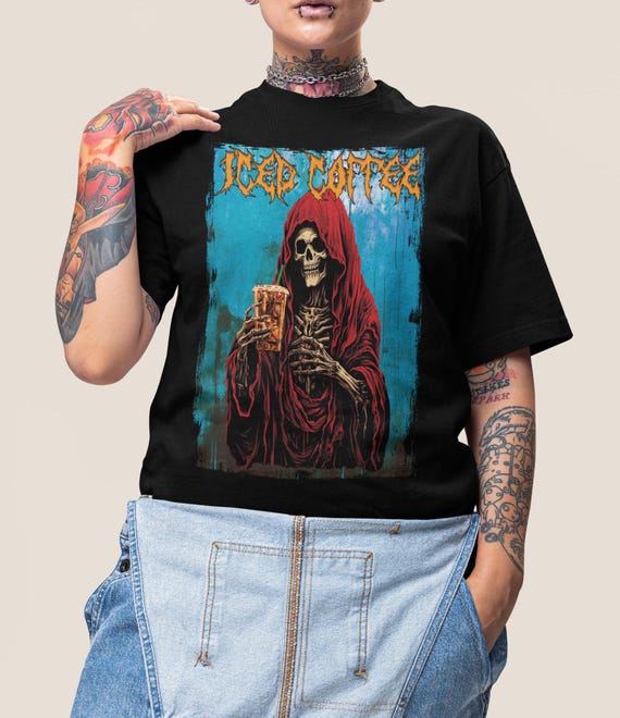Skeleton Iced Coffee T-Shirt: Funny Halloween Black Metal Tee