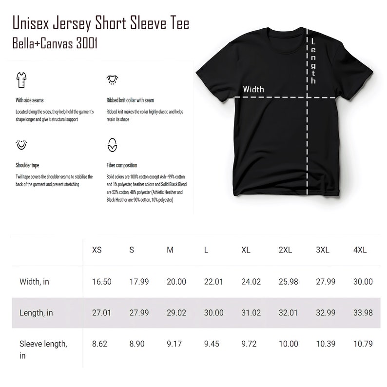 May include: Black unisex short sleeve tee shirt. The shirt features side seams, a ribbed knit collar with a seam, and shoulder tape. The fiber composition is 100% cotton except for Ash (99% cotton, 1% polyester). Sizes range from XS to 4XL.