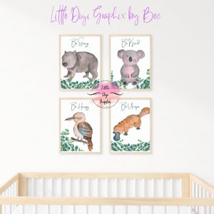 Set of four digital prints, Australian Animals, Greenery, Aussie Animals Nursery, Wall Art, Wombat, Platypus, Koala and Kookaburra Active