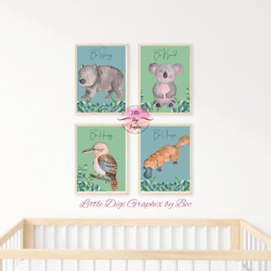Set of four digital prints, Australian Animals, Greenery, Aussie Animals Nursery, Wall Art, Wombat, Platypus, Koala and Kookaburra