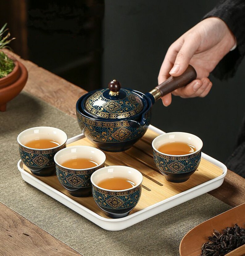 Ceramic Tea Set, Blue Teapot Set With 360 Rotation Tea Maker and Infuser, Rotating Teapot