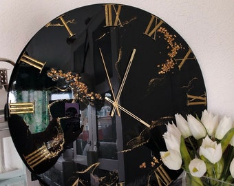 Wall Clock Large Resin Epoxy Black Gold Gift Home Decor Art Handmade Gift