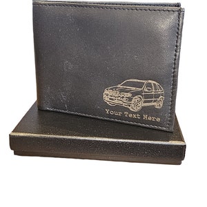 May include: Black leather wallet with a gold engraved image of a BMW X5 and the text "Your Text Here". The wallet is in a black gift box.