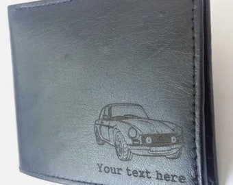 May include: Black leather wallet with an engraved image of a classic car and the text "Your text here".