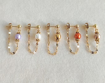 Mono boucles - boucles d'oreilles chaîne pendante-clous en acier inoxydable doré - unité - puce-perles brillantes-lila-blanc-or-orange-brun