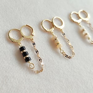 Mono earrings two hole earrings gold stainless steel hoops unit double piercing natural mother-of-pearl black onyx image 2