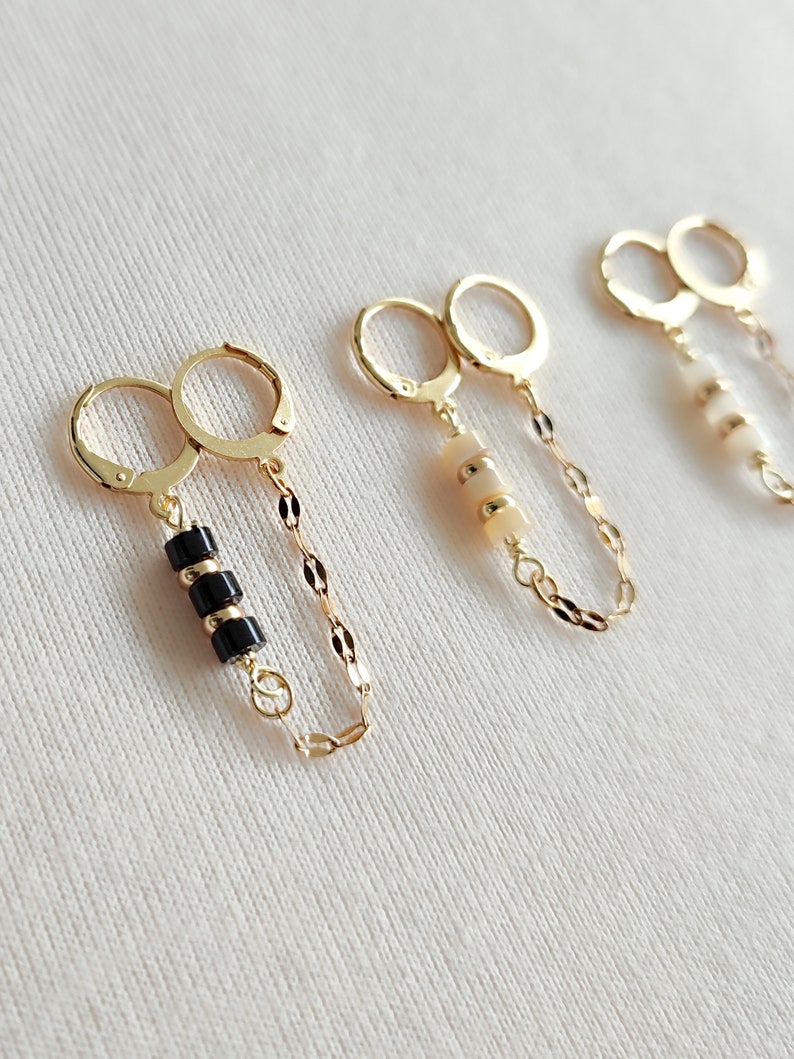 Mono earrings two hole earrings gold stainless steel hoops unit double piercing natural mother-of-pearl black onyx image 2