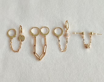 Mono earrings - two hole earrings - gold stainless steel hoops - unit - double piercing - zircon star - chain
