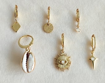 Mono earrings - earrings - mini hoops in gold stainless steel - unit - mismatched - sun, diamond, shell, white zircon