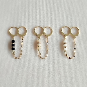 Mono earrings two hole earrings gold stainless steel hoops unit double piercing natural mother-of-pearl black onyx image 1