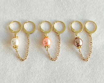 Mono earrings - two hole earrings - gold stainless steel creoles - unit - double piercing - white pearl-salmon-brown/brown