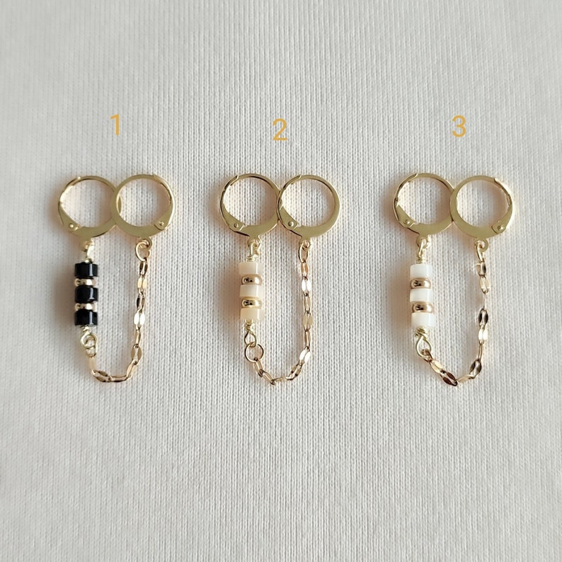 Mono earrings two hole earrings gold stainless steel hoops unit double piercing natural mother-of-pearl black onyx image 4