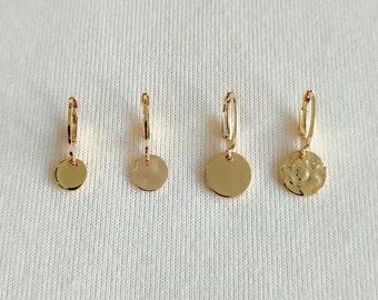 Mono earrings - earrings - mini hoops in gold stainless steel - unit - mismatched - round - medal - hammered - crinkled effect