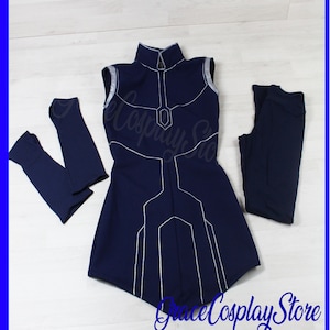 May include: A navy blue sleeveless dress with white lines, a matching pair of navy blue leggings, and two navy blue arm warmers. The dress has a high collar and a fitted silhouette. The text "Grace Cosplay Store" is visible in the bottom right corner of the image.